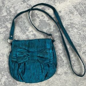 Fashion Express Shiny Crinkle Satin Bow Flap Small Evening Bag Crossbody Blue